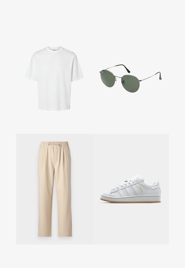 White cotton t-shirt with short sleeves, crew neckline, and a relaxed fit. Smooth texture with no visible patterns or accents.; Beige trousers featuring an elastic waistband with drawstring, straight leg design, and soft, smooth fabric texture.; White sneaker with perforated three-stripe design, textured accents, a rubber sole, and "CAMPUS" logo in gold on the side.; Metal-framed sunglasses with oval green lenses. Thin silver metal frame and black ear tips. Minimalist design, no visible logos.