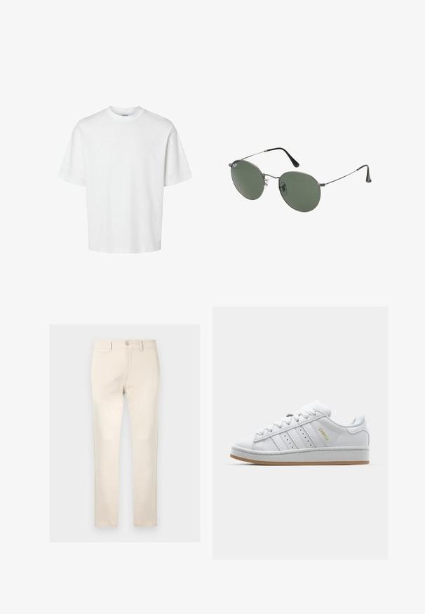 Witte katoenen t-shirt met korte mouwen, ronde hals en een relaxed fit. Gladde textuur zonder zichtbare patronen of accenten.; Beige katoen broek met een rechte pasvorm, voorzien van een enkele voorkant zak, knoopsluiting en subtiele stikdetails.; Witte sneaker met geperforeerd design met drie strepen, gestructureerde accenten, een rubberen zool en het "CAMPUS" logo in het goud aan de zijkant.; Metalen zonnebril met ovale groene lenzen. Dunne zilveren metalen rand en zwarte oorstoppers. Minimalistisch ontwerp, zonder zichtbare logo's.
