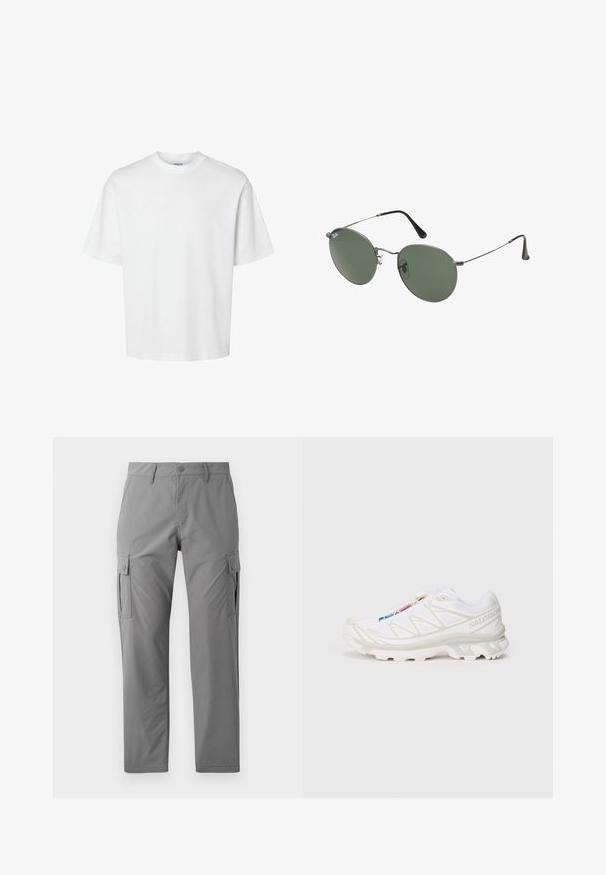 T-shirt en coton blanc à manches courtes, col rond et coupe décontractée. Texture lisse sans motifs ou accents visibles.; Jack & Jones JPSTKARL KURTIS SNAP TECH - Pantalon cargo - castle rock; Basket de sport blanche avec tige en mesh texturé, accents réfléchissants et semelle rembourrée. Logo de marque notable sur le côté.; Lunettes de soleil en métal avec des verres ovales verts. Monture en métal argenté mince et embouts d'oreille noirs. Design minimaliste, sans logos visibles.