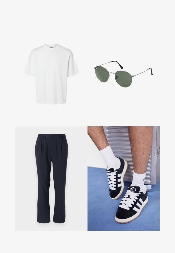 Fehér pamut póló rövid ujjakkal, kerek nyakkivágással és laza szabással. Simább textúra, látható minták vagy kiegészítők nélkül.; Sötétkék nadrág, puha anyagból, rugalmas derékkal, elülső redőkkel és egyenes lábformával.; Fekete velúr sportcipők fehér fűzőkkel és három fehér csíkkal. A nyelvén egy kör alakú fekete logó található, valamint egy gumis talp.; Fémkeretes napszemüveg ovális zöld lencsékkel. Vékony ezüst színű fémkeret és fekete fülrész. Minimalista dizájn, látható logók nélkül.