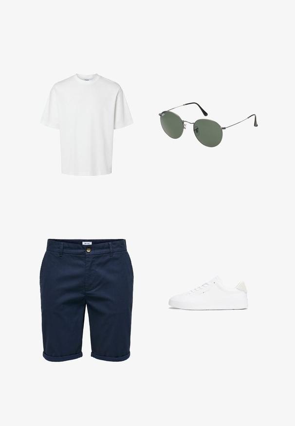 T-shirt en coton blanc à manches courtes, col rond et coupe décontractée. Texture lisse sans motifs ou accents visibles.; Shorts bleu marine en tissu texturé avec fermeture à bouton, ourlets retroussés et poches latérales, présentant un motif subtil.; Baskets blanches avec une tige en cuir lisse, bout arrondi, semelle plate et design minimaliste. Présente un branding discret et un accent beige au talon.; Lunettes de soleil en métal avec des verres ovales verts. Monture en métal argenté mince et embouts d'oreille noirs. Design minimaliste, sans logos visibles.