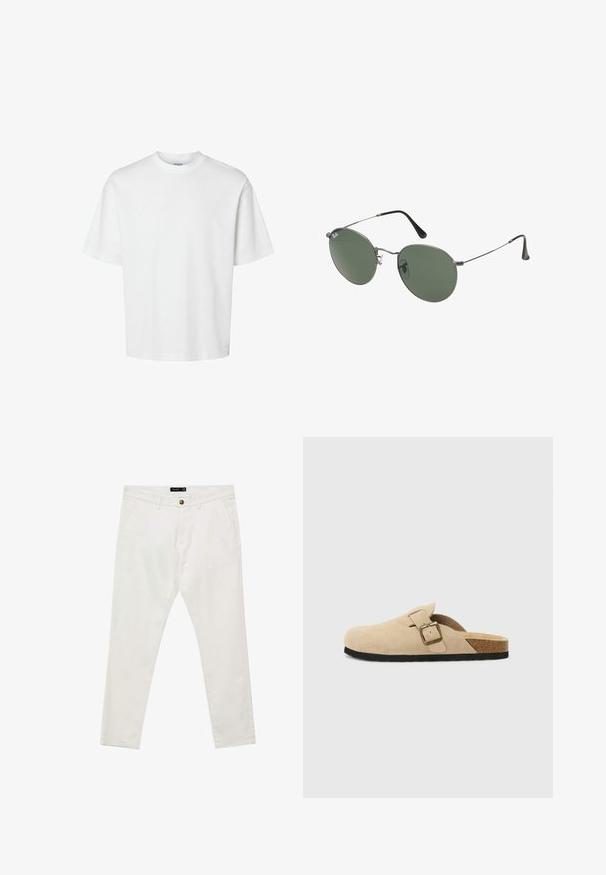Weißes Baumwoll-T-Shirt mit kurzen Ärmeln, Rundhalsausschnitt und lässigem Schnitt. Glatte Textur ohne sichtbare Muster oder Akzente.; Calliope SLIM - Chino - bianco; Beige Wildleder-Slipper mit einem Korkfußbett, runder Zehenpartie und einem einfachen Riemen mit einer goldfarbigen Schnalle. Gummi-Sohle für besseren Halt.; Metallgestellte Sonnenbrille mit ovalen grünen Gläsern. Dünner silberner Metallrahmen und schwarze Ohrstücke. Minimalistisches Design, keine sichtbaren Logos.