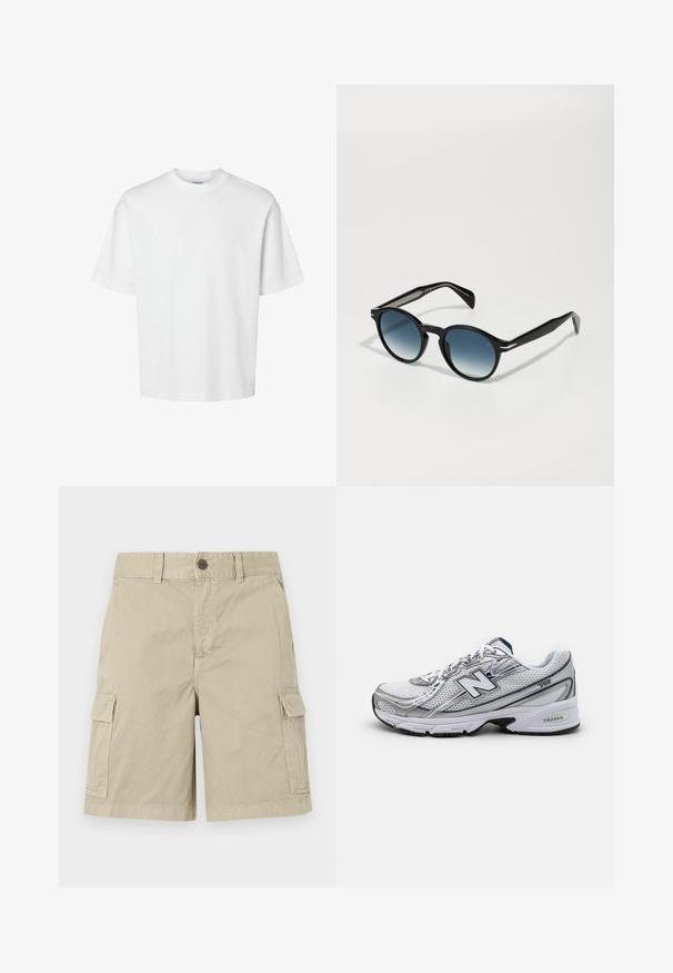 Weißes Baumwoll-T-Shirt mit kurzen Ärmeln, Rundhalsausschnitt und lässigem Schnitt. Glatte Textur ohne sichtbare Muster oder Akzente.; Beige Cargo-Shorts aus Baumwolle, mit Seitentaschen, einem Knopfverschluss und einem geraden Schnitt, der einen lässigen Look bietet.; New Balance Sportschuh mit einem Mesh-Obermaterial, überwiegend weiß mit grauen und marineblauen Akzenten, ausgestattet mit einer gepolsterten Sohle und strukturierten Details.; Schwarze Sonnenbrille mit ovaler Form, gradienten blauen Gläsern und schlanken Bügeln mit markanten silbernen Akzenten. Glatte Textur über das gesamte Design.