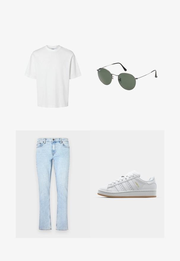 Bijela pamučna majica kratkih rukava, s okruglim izrezom i opuštenim krojem. Glatka tekstura bez vidljivih uzoraka ili ukrasa.; Svijetloplavi traperice s ravnim krojem, s kopčanjem na dugme, pet džepova i suptilnim izbljeđivanjem za teksturu.; Bijele tenisice s perforiranim dizajnom u tri pruge, teksturiranim detaljima, gumeni potplat i zlatni "CAMPUS" logo na strani.; Naočale s metalnim okvirom i ovalnim zelenim staklima. Tanka srebrna metalna konstrukcija i crni silikonski jastučići za uši. Minimalistički dizajn, bez vidljivih logotipa.