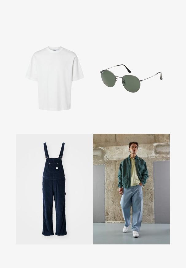 Biele bavlnené tričko s krátkymi rukávmi, okrúhlym výstrihom a voľným strihom. Hladká textura bez viditeľných vzorov alebo akcentov.; Námorníkově modré kordové overaly s nastaviteľnými popruhmi, prednou kapsou a bočnými vreckami; voľne strihané nohavice s textúrovaným povrchom.; Zelená bomberová bunda cez svetlo žltý polo tričko, v kombinácii s voľnými modrými džínsami a bielymi teniskami. Hladké látky, uvoľnený strih, minimálny hardware.; Sunglass s metalovým rámom s oválnymi zelenými šošovkami. Tenký strieborný kovový rám a čierne štuple za uši. Minimalistický dizajn, bez viditeľných log.