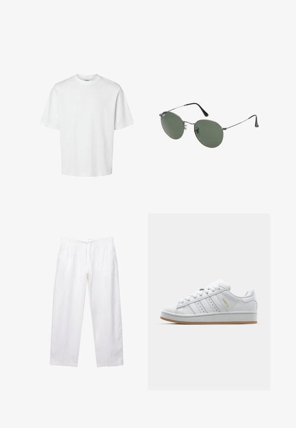 Fehér pamut póló rövid ujjakkal, kerek nyakkivágással és laza szabással. Simább textúra, látható minták vagy kiegészítők nélkül.; Fehér, bő szabású nadrág könnyű anyagból. Gumis derékkal és zsinórral rendelkezik, valamint két oldalsó zsebe van.; Fehér sneaker perforált háromsávos dizájnnal, texturált akcentusokkal, gumitalppal és arany "CAMPUS" logóval az oldalon.; Fémkeretes napszemüveg ovális zöld lencsékkel. Vékony ezüst színű fémkeret és fekete fülrész. Minimalista dizájn, látható logók nélkül.
