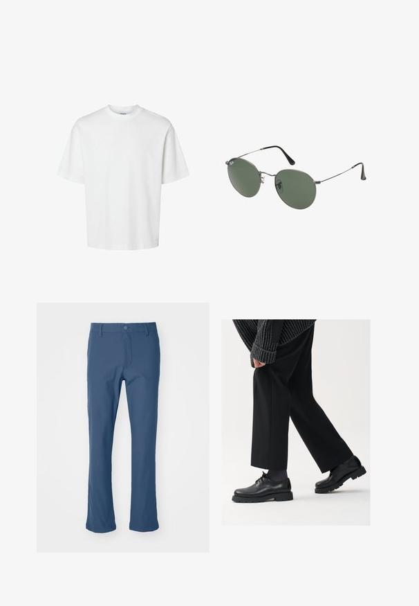 White cotton t-shirt with short sleeves, crew neckline, and a relaxed fit. Smooth texture with no visible patterns or accents.; Blue, straight-leg pants made of smooth fabric with a button closure and zip fly. Features side pockets and clean, tailored design.; Black leather shoes with a rounded toe, lace-up design, and thick, textured sole. Worn with tailored black trousers and a ribbed sweater.; Metal-framed sunglasses with oval green lenses. Thin silver metal frame and black ear tips. Minimalist design, no visible logos.