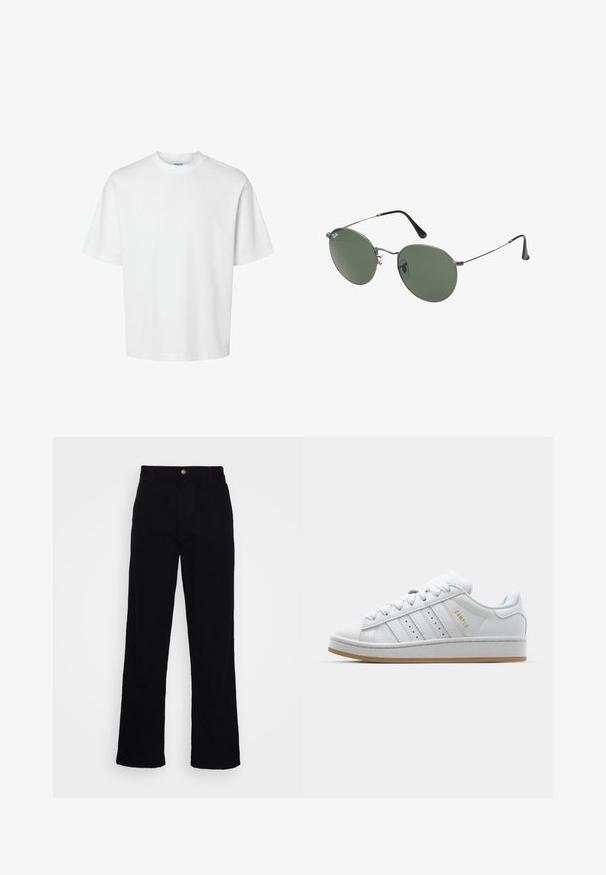 Biele bavlnené tričko s krátkymi rukávmi, okrúhlym výstrihom a voľným strihom. Hladká textura bez viditeľných vzorov alebo akcentov.; Čierne, vysoké rovné nohavice z denimu s hladkou textúrou, s predným zapínaním na gombík a päť vreckami.; Biele tenisky s perforovaným dizajnom trojprúžku, textúrovanými akcentmi, gumovou podrážkou a zlatým logom "CAMPUS" na boku.; Sunglass s metalovým rámom s oválnymi zelenými šošovkami. Tenký strieborný kovový rám a čierne štuple za uši. Minimalistický dizajn, bez viditeľných log.