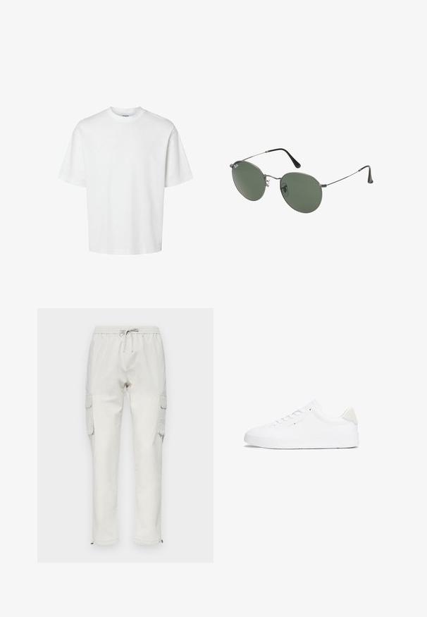 Hvit bomull t-skjorte med korte ermer, rund hals og avslappet passform. Glatt tekstur uten synlige mønstre eller detaljer.; Lys beige cargo-bukser laget av bomull med elastisk linning og snor, med sidelommer og glidelåser ved anklene.; Hvite sneakers med en glatt lær-overdel, rund tå, flat såle og minimalistisk design. Har diskret merkevare og en beige aksent ved hælen.; Metallinnrammede solbriller med ovale grønne linser. Tynn sølvfarget metallramme og svarte øreplugger. Minimalistisk design, ingen synlige logoer.