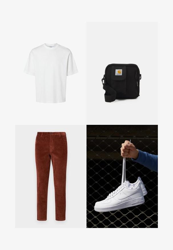Bílý bavlněný tričko s krátkými rukávy, klasickým kulatým výstřihem a volným střihem. Hladká textura bez viditelných vzorů nebo akcentů.; Hnědé kordové kalhoty rovného střihu, se zapínáním na jeden knoflík a texturovaným vzhledem po celé ploše.; Bílé kožené tenisky s perforacemi, kulatou špičkou, plochou podrážkou a silnými tkaničkami, které mají viditelné logo swoosh a nápis "AIR" na patě.; Černá crossbody taška s hlavním oddílem na zip, přední kapsou, nastavitelním popruhem a viditelnou logem na klopě.