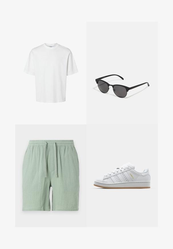 T-shirt bianco in cotone con maniche corte, scollo rotondo e vestibilità rilassata. Texture liscia senza pattern o dettagli visibili.; Pantaloni corti in cotone verde chiaro con elastico in vita e coulisse. Tessuto strutturato, leggermente stropicciato, dotato di una tasca laterale.; Sneaker bianca con design a tre strisce perforate, dettagli testurizzati, suola in gomma e logo "CAMPUS" in oro sul lato.; Occhiali da sole neri con lenti rotonde, finitura opaca e forma distintiva a occhio di gatto. Astine sottili con un branding discreto sulla tempia sinistra.