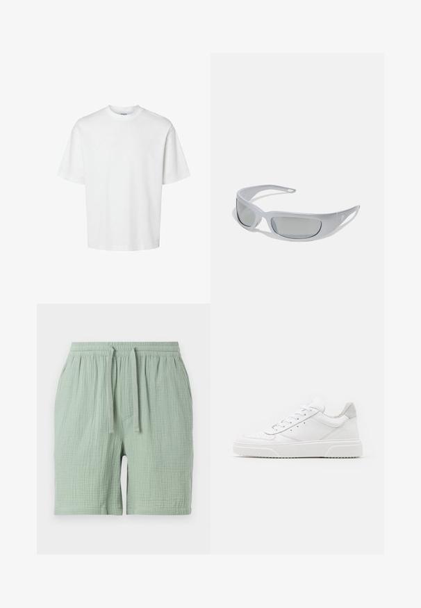 Λευκό μπλουζάκι από βαμβάκι με κοντά μανίκια, στρογγυλή λαιμόκοψη και άνετη εφαρμογή. Λείος υφή χωρίς ορατά σχέδια ή διακοσμητικά στοιχεία.; Ανοικτά πράσινα βαμβακερά σορτς με ελαστική ζώνη και κορδονάκι. Υφή υφάσματος ελαφρώς τσαλακωμένη, με εξωτερική τσέπη.; Λευκά δερμάτινα αθλητικά παπούτσια με απλή επιφάνεια, στρογγυλή μύτη, επίπεδα κορδόνια και ανάγλυφη σόλα. Γκρι σουέτ λεπτομέρεια στη φτέρνα.; Γυαλιά ηλίου με κομψό, γκρι πλαστικό σκελετό, καμπυλωτό σχέδιο και γκρι φακούς. Διαθέτει ακουστικό λογότυπο σε ένα από τα χέρια.