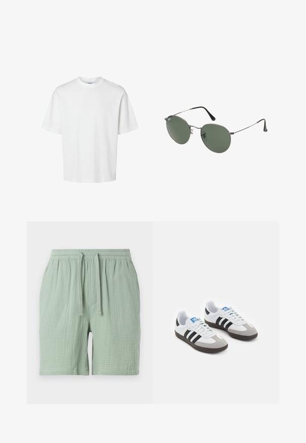 Hvid bomulds T-shirt med korte ærmer, rund halsudskæring og en afslappet pasform. Glat tekstur uden synlige mønstre eller detaljer.; Lys grønne bomulds shorts med elastisk talje og snøre. Tekstureret, let krøllet stof med en sidelomme.; Sportsko med en overdel i hvid læder, grå ruskind på tåen og tre sorte striber. Har et blåt logo på tungen og en struktureret gummisål.; Metalrammede solbriller med ovale grønne linser. Tynd sølvmetalramme og sorte ørepropper. Minimalistisk design, ingen synlige logoer.