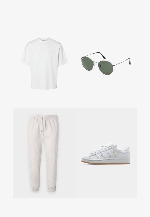 White cotton t-shirt with short sleeves, crew neckline, and a relaxed fit. Smooth texture with no visible patterns or accents.; Light beige jogger pants made of soft fabric, featuring an elastic waistband with drawstring, cuffed ankles, and side pockets.; White sneaker with perforated three-stripe design, textured accents, a rubber sole, and "CAMPUS" logo in gold on the side.; Metal-framed sunglasses with oval green lenses. Thin silver metal frame and black ear tips. Minimalist design, no visible logos.