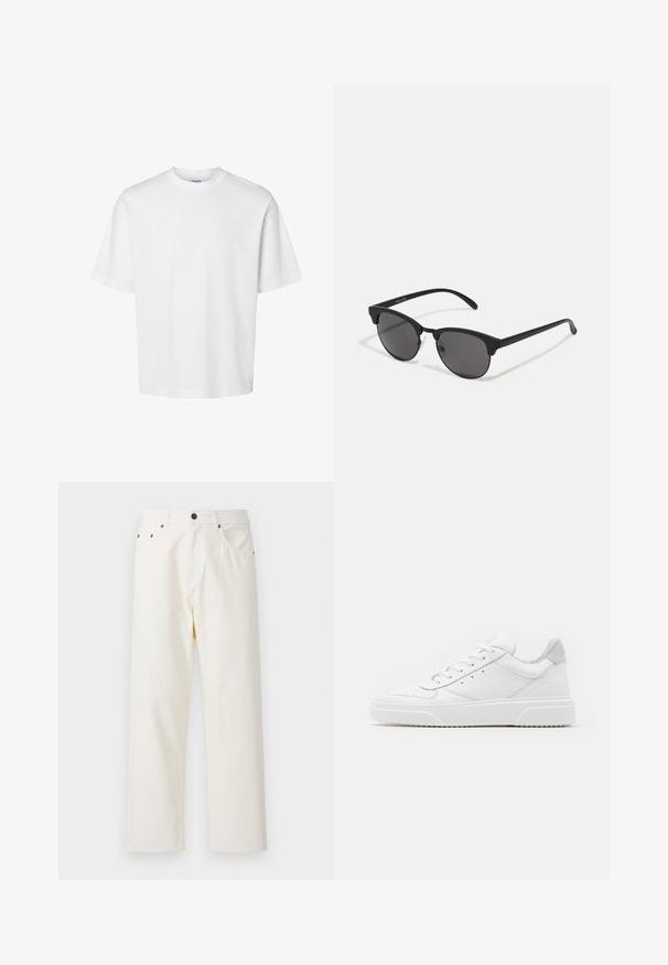 T-shirt en coton blanc à manches courtes, col rond et coupe décontractée. Texture lisse sans motifs ou accents visibles.; Jack & Jones JPSTALEX ORIGINAL - Jean baggy - antique white; Des baskets en cuir blanc avec une finition lisse, un bout rond, des lacets plats et une semelle texturée. Accents en daim gris au niveau du talon.; Lunettes de soleil noires avec des verres ronds, finition mate et une forme distinctive en œil de chat. Monture fine avec un logo discret sur la branche gauche.