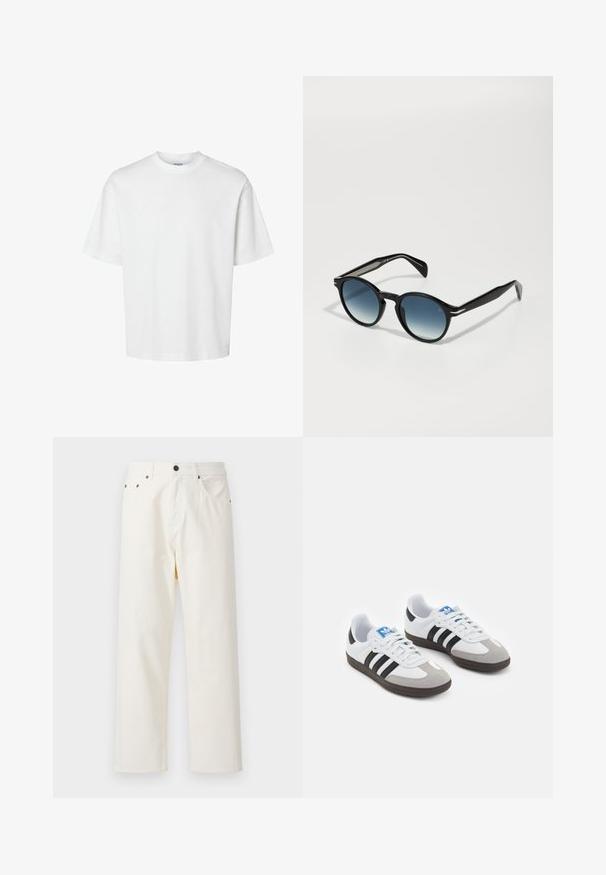 Bela bombažna majica s kratkimi rokavi, okroglo izrezana in udobnega kroja. Gladka tekstura brez vidnih vzorcev ali dekoracij.; Jack & Jones JPSTALEX ORIGINAL - Vrečaste kavbojke - antique white; Športni čevlji z belim usnjenim zgornjim delom, sivim semišem na prstih in tremi črnimi črtami. Imajo modro logo na jeziku in teksturiran gumijast podplat.; Črne sončna očala ovalne oblike z gradacijskimi modrimi lečami in elegantnimi ročaji z značilnimi srebrnimi detajli. Gladka tekstura po celotni površini.