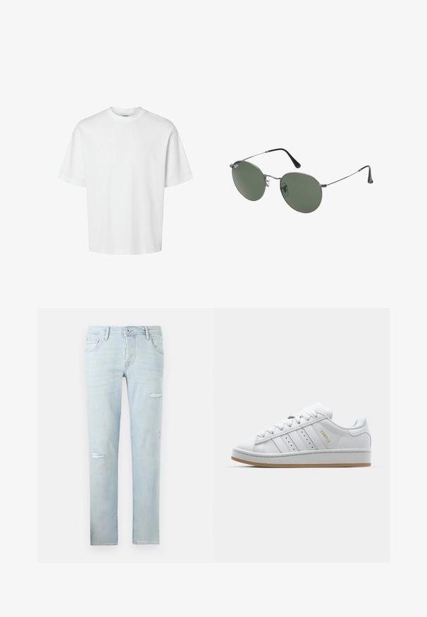 Valkoinen puuvillapaita lyhyillä hihoilla, pyöreällä kaula-aukolta ja rentoa istuvuutta. Sujuva pinta ilman näkyviä kuvioita tai korostuksia.; Vaaleansiniset farkut suorella leikkauksella, joissa on kulutustekstejä polvissa, viisi taskua sekä nappi- ja vetoketjukiinnitys.; Valkoiset tennarit, joissa on läpikuultava kolmiraidallinen muotoilu, tekstuuriset korostukset, kumipohja ja kultainen "CAMPUS" -logo sivulla.; Aurinkolasit metallikehyksillä, joissa on soikeat vihreät linssit. Ohut hopeinen metallikehys ja mustat korvapehmusteet. Minimalistinen muotoilu, ei näkyviä logoja.