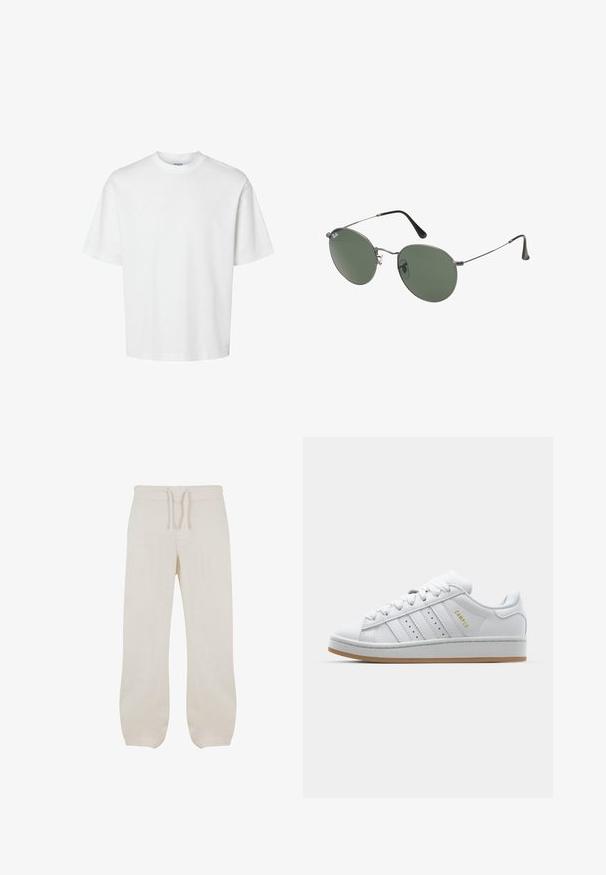 T-shirt en coton blanc à manches courtes, col rond et coupe décontractée. Texture lisse sans motifs ou accents visibles.; Pantalons en lin beige clair avec une taille élastique et un cordon de serrage. Design à jambe droite avec une texture lisse et un léger rétrécissement aux chevilles.; Baskets blanches avec un design perforé à trois rayures, des accents texturés, une semelle en caoutchouc et le logo "CAMPUS" en doré sur le côté.; Lunettes de soleil en métal avec des verres ovales verts. Monture en métal argenté mince et embouts d'oreille noirs. Design minimaliste, sans logos visibles.