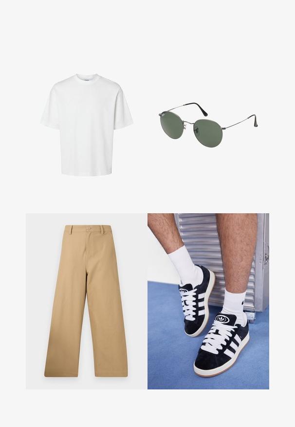 Valge puuvillane t-särk lühikeste varrukatega, ümmarguse kaelusega ja lõdva lõikega. Sile tekstuur, ilma nähtavate mustrite või aktsentideta.; Laiad püksid heledast pruunist kangast, millel on nööbiga sulgemine, vööde jaoks silmad ja sile tekstuur ilma nähtavate mustriteta.; Mustad nahkjalatsid valgete paelte ja kolme valge triibuga. Omab ümmargust musta logo keele peal ning kummist tallat.; Metallist raamistikuga prillid ovaalsete roheliste läätsedega. Õhuke hõbedane metallraam ja mustad kõrvakatted. Minimalistlik disain, nähtavad logod puuduvad.