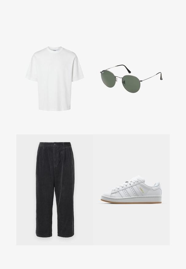 Balts kokvilnas T-krekls ar īsām piedurknēm, apaļu kakla izgriezumu un brīvu piegriezumu. Gluda tekstūra bez redzamām rakstu vai akcentu detaļām.; Tumši pelēki korduroja bikses ar brīvu piegriezumu, ar pogu aizdari, krokām un īsu garumu, ar ribotu tekstūru.; Baltie balti sneki ar perforētu trīs svītru dizainu, teksturētām akcentēm, gumijas zoli un zelta "CAMPUS" logo sānos.; Metāla rāmji saulesbrillēm ar ovālām zaļām lēcām. Tievs sudraba metal rāmji un melni ausu spilventiņi. Minimalistiska dizaina, bez redzamām apzīmējumiem.