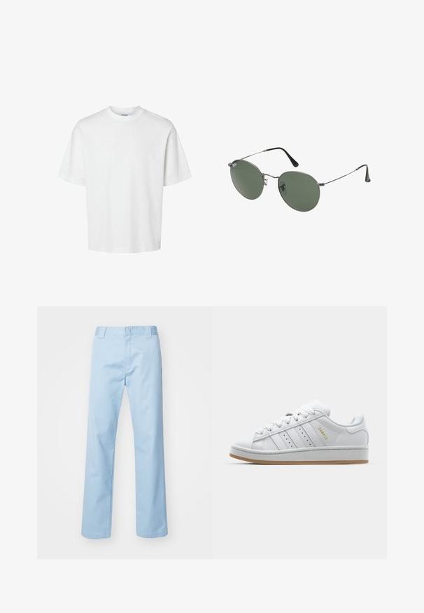 Fehér pamut póló rövid ujjakkal, kerek nyakkivágással és laza szabással. Simább textúra, látható minták vagy kiegészítők nélkül.; Világoskék, egyenes szabású nadrág, pamut keverék anyagból készült. Laposthasú derékkal, oldalsó zsebekkel rendelkezik, és nincsenek látható minták vagy díszítések.; Fehér sneaker perforált háromsávos dizájnnal, texturált akcentusokkal, gumitalppal és arany "CAMPUS" logóval az oldalon.; Fémkeretes napszemüveg ovális zöld lencsékkel. Vékony ezüst színű fémkeret és fekete fülrész. Minimalista dizájn, látható logók nélkül.