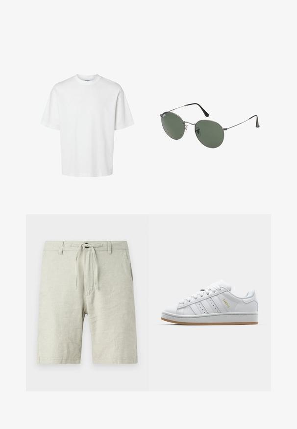 Vit bomullströja med korta ärmar, rundad halsringning och en avslappnad passform. Slät textur utan synliga mönster eller detaljer.; Ljusgrå linnebyxor med resårmidja och dragsko, sidofickor och en avslappnad passform. Texturerat tyg med lätt lyster.; Vit sneaker med perforerad tre-randig design, texturerade detaljer, gummisula och "CAMPUS"-logotyp i guld på sidan.; Metallinramade solglasögon med ovala gröna linser. Tunn silvermetallram och svarta öronpluggar. Minimalistisk design, inga synliga logotyper.