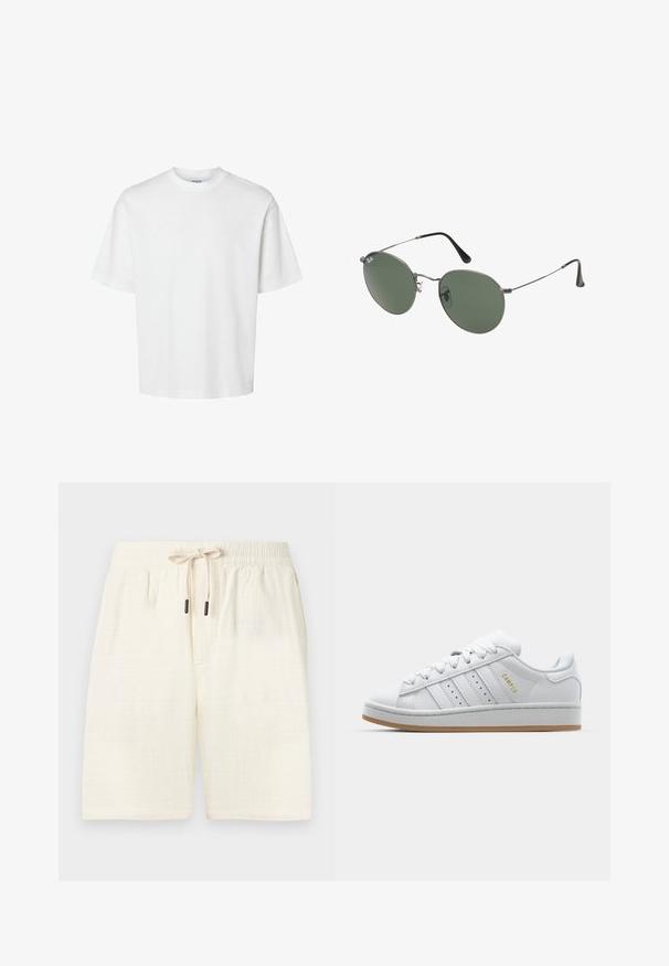 White cotton t-shirt with short sleeves, crew neckline, and a relaxed fit. Smooth texture with no visible patterns or accents.; Cream-colored shorts made of textured fabric with a check pattern. Features an elastic waistband with a drawstring and two side pockets.; White sneaker with perforated three-stripe design, textured accents, a rubber sole, and "CAMPUS" logo in gold on the side.; Metal-framed sunglasses with oval green lenses. Thin silver metal frame and black ear tips. Minimalist design, no visible logos.