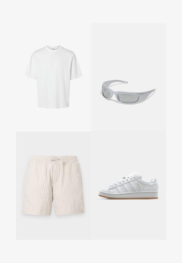 Tricou alb din bumbac, cu mâneci scurte, guler rotund și o croială lejeră. Textură netedă, fără modele sau accente vizibile.; Șorturi bej deschis, confecționate dintr-un material texturat cu dungi verticale subțiri, având o talie elastică și un șnur decorativ de legat.; Adidași albi cu un design perforat cu trei dungi, accente texturate, o talpă din cauciuc și logo-ul "CAMPUS" în aur pe lateral.; Ochelari de soare cu un cadru din plastic gri, cu un design curbat și lentile fumurii gri. Prezintă un accent cu logo pe un braț.