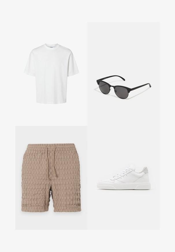 Fehér pamut póló rövid ujjakkal, kerek nyakkivágással és laza szabással. Simább textúra, látható minták vagy kiegészítők nélkül.; Beige rövidnadrág, amely texturált anyagból készült, négyzetes mintával, rugalmas derékkal és zsinórral az állítható illeszkedésért.; Fehér bőr sportcipő sima felülettel, kerek orral, lapos fűzőkkel és textúrált talppal. Szürke velúr díszítés a saroknál.; Fekete napszemüveg kerek lencsékkel, matt felülettel és jellegzetes macska szem formával. Vékony szárak, a bal oldali templomon diszkrét márkajelzéssel.