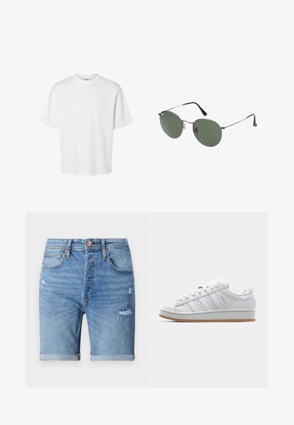 Hvit bomull t-skjorte med korte ermer, rund hals og avslappet passform. Glatt tekstur uten synlige mønstre eller detaljer.; Lyse blå denimshorts med slitte detaljer, oppbrettede hems, fem lommer og knappelukking. Laget av mykt, pustende stoff.; Hvit sneaker med perforert tre-stripes design, teksturerte detaljer, gummisåle og "CAMPUS" logo i gull på siden.; Metallinnrammede solbriller med ovale grønne linser. Tynn sølvfarget metallramme og svarte øreplugger. Minimalistisk design, ingen synlige logoer.