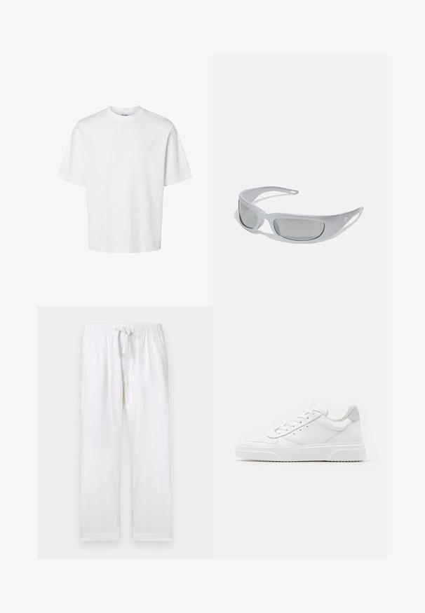 Tricou alb din bumbac, cu mâneci scurte, guler rotund și o croială lejeră. Textură netedă, fără modele sau accente vizibile.; Pantaloni albi, confortabili, cu talie elastică și șnur ajustabil. Au buzunare laterale și o textură moale din bumbac.; Adidași din piele albă cu un finisaj neted, vârf rotunjit, șireturi plate și o talpă texturată. Accente din piele întoarsă gri la călcâi.; Ochelari de soare cu un cadru din plastic gri, cu un design curbat și lentile fumurii gri. Prezintă un accent cu logo pe un braț.