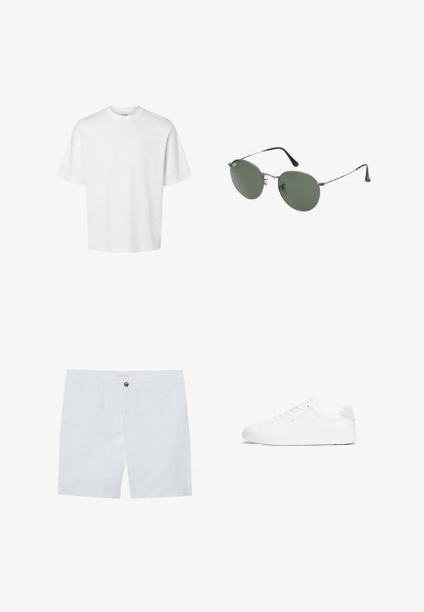 T-shirt en coton blanc à manches courtes, col rond et coupe décontractée. Texture lisse sans motifs ou accents visibles.; Shorts en coton blancs avec fermeture à bouton sur le devant, deux poches latérales et coupe droite. Étiquette de marque "Pier One" à la taille.; Baskets blanches avec une tige en cuir lisse, bout arrondi, semelle plate et design minimaliste. Présente un branding discret et un accent beige au talon.; Lunettes de soleil en métal avec des verres ovales verts. Monture en métal argenté mince et embouts d'oreille noirs. Design minimaliste, sans logos visibles.