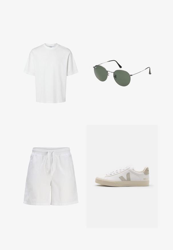 Biała bawełniana koszulka z krótkim rękawem, okrągłym dekoltem i luźnym krojem. Gładka struktura bez widocznych wzorów czy akcentów.; Białe bawełniane szorty z elastycznym pasem i sznurkiem. Charakteryzują się luźnym krojem oraz bocznymi kieszeniami.; Białe skórzane sneakersy z beżowymi akcentami, płaską gumową podeszwą, okrągłym czubkiem i kontrastowym logo z boku i z tyłu. Zawiązywany fason.; Okulary przeciwsłoneczne z metalową ramą i owalnymi zielonymi soczewkami. Cienka srebrna metalowa rama i czarne końcówki zauszników. Minimalistyczny design, bez widocznych logo.