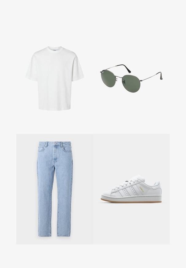 Tricou alb din bumbac, cu mâneci scurte, guler rotund și o croială lejeră. Textură netedă, fără modele sau accente vizibile.; Jeans de blugi de culoare bleu deschis, cu un design drept, cinci buzunare și închidere cu buton. Textură moale cu un finisaj clasic, decolorat.; Adidași albi cu un design perforat cu trei dungi, accente texturate, o talpă din cauciuc și logo-ul "CAMPUS" în aur pe lateral.; Ochelari de soare cu ramă metalică, dotati cu lentile ovale verzi. Ramă subțire din metal argintiu și ușițe negre. Design minimalist, fără logo-uri vizibile.