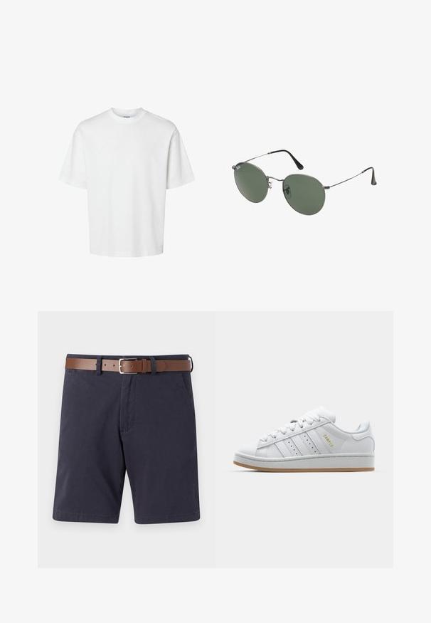White cotton t-shirt with short sleeves, crew neckline, and a relaxed fit. Smooth texture with no visible patterns or accents.; Navy blue shorts made of cotton with a brown leather belt. Features two front pockets, a straight cut, and a smooth texture.; White sneaker with perforated three-stripe design, textured accents, a rubber sole, and "CAMPUS" logo in gold on the side.; Metal-framed sunglasses with oval green lenses. Thin silver metal frame and black ear tips. Minimalist design, no visible logos.