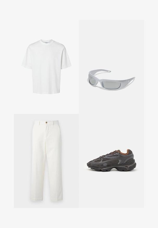 Hvit bomull t-skjorte med korte ermer, rund hals og avslappet passform. Glatt tekstur uten synlige mønstre eller detaljer.; Hvite skreddersydde bukser laget av bomull, med en rett benkonstruksjon, frontlommer og knappelukking i livet. Glatt tekstur.; Lacoste-sneakers i mørkegrått med mesh- og syntetisk materiale, med en teksturert såle og brune detaljer på kragen og merket.; Solsikkers med en slank, grå plastinnramming, buet design og gråtonede linser. Har logoaccent på én arm.