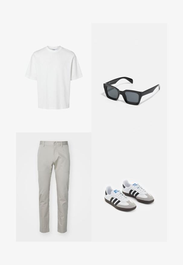 Hvid bomulds T-shirt med korte ærmer, rund halsudskæring og en afslappet pasform. Glat tekstur uden synlige mønstre eller detaljer.; Lysegrå bomuldsbukser med lige ben, glat front og ingen synlige lommer eller pynt. Glat tekstur, ensartet finish.; Sportsko med en overdel i hvid læder, grå ruskind på tåen og tre sorte striber. Har et blåt logo på tungen og en struktureret gummisål.; Sorte rektangulære solbriller med mørke linser. Plastisk stel med højglans finish, der har en bred næsebro og let tilspidsede arme.