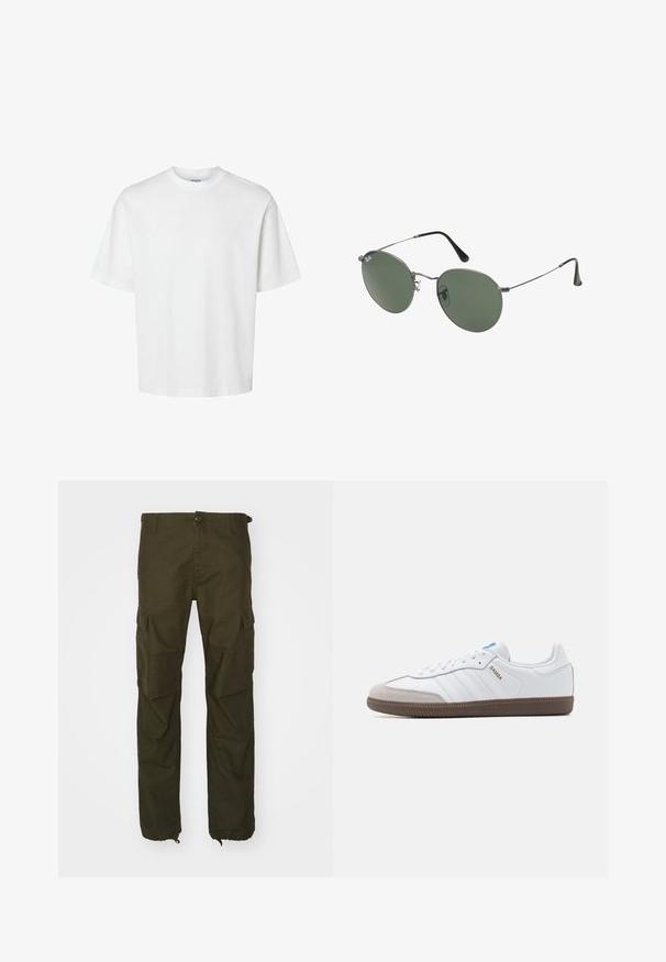 Hvid bomulds T-shirt med korte ærmer, rund halsudskæring og en afslappet pasform. Glat tekstur uden synlige mønstre eller detaljer.; Olivenfarvede cargo bukser lavet af slidstærkt stof, med knaplukning, flere sidelommer og elastiske manchetter ved anklerne.; Hvide lædersneakers med grå ruskindsnæse, tre horisontale hvide striber, blå accent og brun gummisål. Tekstureret detalje på sålen.; Metalrammede solbriller med ovale grønne linser. Tynd sølvmetalramme og sorte ørepropper. Minimalistisk design, ingen synlige logoer.