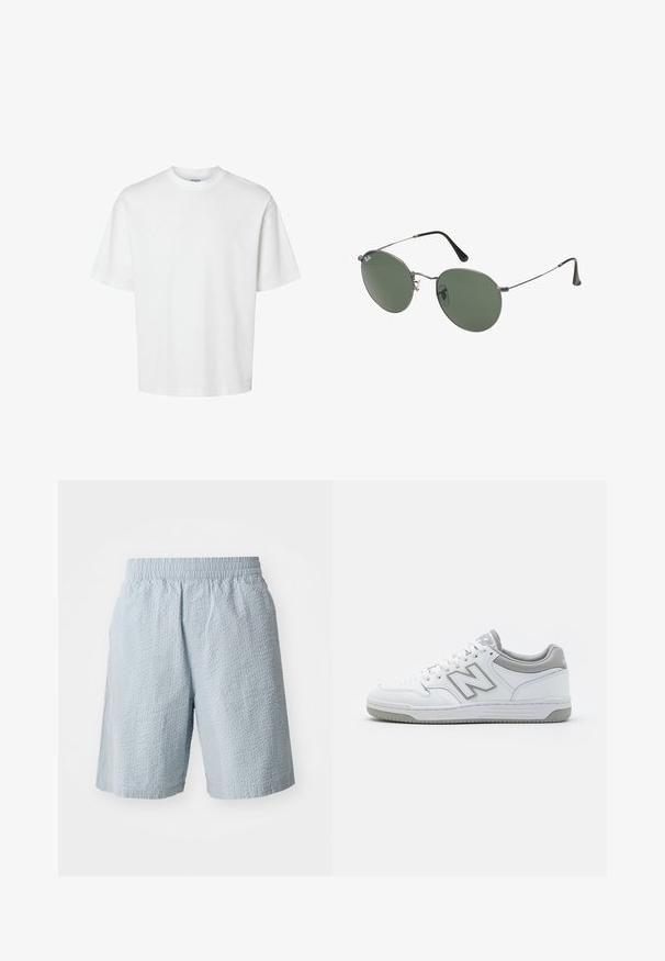 T-shirt en coton blanc à manches courtes, col rond et coupe décontractée. Texture lisse sans motifs ou accents visibles.; Shorts bleu clair en tissu texturé, avec taille élastique et poches latérales. Le design présente une coupe ample et une longueur jusqu'aux genoux.; Baskets en cuir blanc avec des accents gris, dotées d'une boîte à orteils perforée, de lacets plats et d'une semelle à motifs. Logo New Balance sur le côté.; Lunettes de soleil en métal avec des verres ovales verts. Monture en métal argenté mince et embouts d'oreille noirs. Design minimaliste, sans logos visibles.