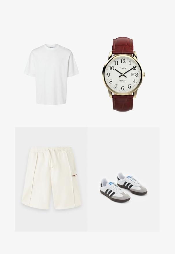 White cotton t-shirt with short sleeves, crew neckline, and a relaxed fit. Smooth texture with no visible patterns or accents.; Cream-colored shorts made from soft fabric, featuring an elastic waistband, drawstring, side pockets, and a small red logo detail on the side.; Sport shoes with a white leather upper, gray suede toe, and three black stripes. Features a blue logo on the tongue and a textured rubber sole.; Timex watch with a white dial, black Arabic numerals, and gold-tone case. Features a brown leather croc-embossed strap and date window.