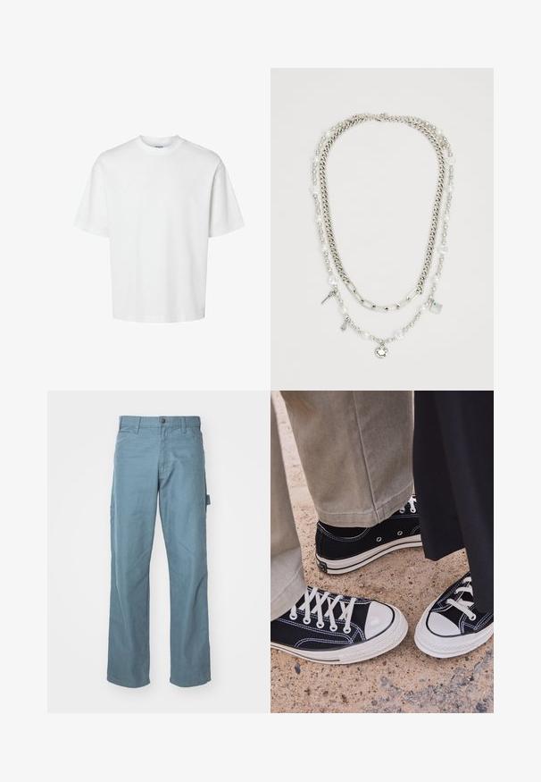 Fehér pamut póló rövid ujjakkal, kerek nyakkivágással és laza szabással. Simább textúra, látható minták vagy kiegészítők nélkül.; Világoskék pamut cargo nadrágok egyenes szárú kialakítással, két oldalsó zsebbel és egy derékon található hurokkal rendelkeznek a hasznosság érdekében.; Fekete vászon sportcipők fehér gumi orral és fűzőkkel. A kontrasztos varrás és fém fűzőlyukak részletet adnak. Bézs nadrággal és fekete anyaggal hordva.; Többrétegű nyaklánc ezüst láncokkal és gyöngyökkel, kulcsokkal és egy négyzet alakú medállal díszítve. Sima textúrájú, fényes felületű.