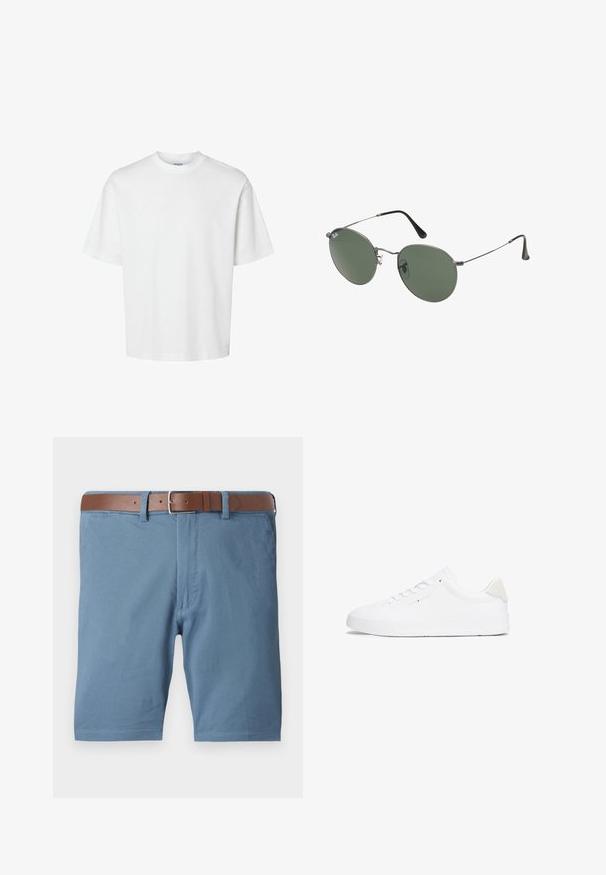 Witte katoenen t-shirt met korte mouwen, ronde hals en een relaxed fit. Gladde textuur zonder zichtbare patronen of accenten.; Blauwe katoenen shorts met een bruine leren riem, rechte snit, zijzakken en een nette afwerking bij de zomen.; Witte sneaker met een glad leren bovenwerk, ronde neus, platte zool en een minimalistisch ontwerp. Voorzien van subtiele branding en een beige accent op de hak.; Metalen zonnebril met ovale groene lenzen. Dunne zilveren metalen rand en zwarte oorstoppers. Minimalistisch ontwerp, zonder zichtbare logo's.