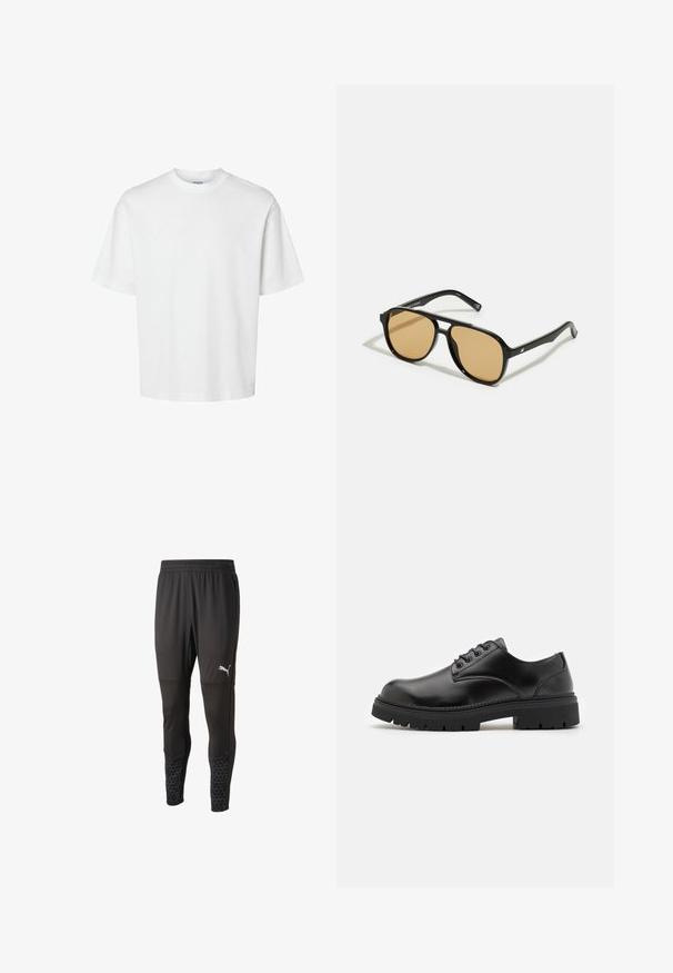 Witte katoenen t-shirt met korte mouwen, ronde hals en een relaxed fit. Gladde textuur zonder zichtbare patronen of accenten.; Zwarte sportbroeken met een textuur aan de bovenkant, slim-fit ontwerp en een patroon op de onderste manchetten. Voorzien van een elastische tailleband en zijzakken.; Zwarte leren schoenen met een ronde neus, vetersluiting en een dikke, gestructureerde rubberen zool. Kenmerken zijn stiksels langs de rand en een gladde afwerking.; Zwarte zonnebril met bruin getinte lenzen; rechthoekige vorm met een dikke rand, inclusief subtiele hardware accenten op de veertjes.
