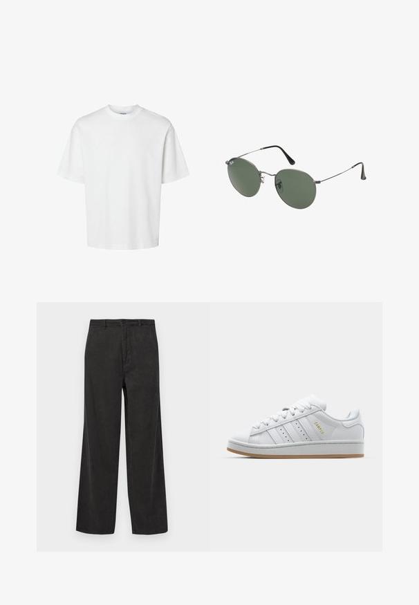 Tricou alb din bumbac, cu mâneci scurte, guler rotund și o croială lejeră. Textură netedă, fără modele sau accente vizibile.; Pantaloni negri din catifea cu un design cu picioare largi, având o textură cu nervuri verticale, fermoar cu închidere cu buton și buzunare frontale.; Adidași albi cu un design perforat cu trei dungi, accente texturate, o talpă din cauciuc și logo-ul "CAMPUS" în aur pe lateral.; Ochelari de soare cu ramă metalică, dotati cu lentile ovale verzi. Ramă subțire din metal argintiu și ușițe negre. Design minimalist, fără logo-uri vizibile.