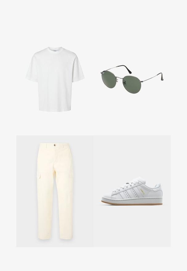 Witte katoenen t-shirt met korte mouwen, ronde hals en een relaxed fit. Gladde textuur zonder zichtbare patronen of accenten.; Lichtgele cargobroek van katoen, voorzien van zijzakken en een recht model, met een knoopsluiting in de taille.; Witte sneaker met geperforeerd design met drie strepen, gestructureerde accenten, een rubberen zool en het "CAMPUS" logo in het goud aan de zijkant.; Metalen zonnebril met ovale groene lenzen. Dunne zilveren metalen rand en zwarte oorstoppers. Minimalistisch ontwerp, zonder zichtbare logo's.