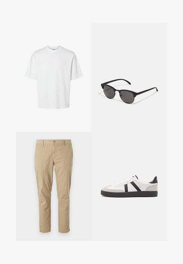 Biele bavlnené tričko s krátkymi rukávmi, okrúhlym výstrihom a voľným strihom. Hladká textura bez viditeľných vzorov alebo akcentov.; Béžové bavlnené plátenné nohavice so slim fit strihom, s gombíkovým zapínaním, pútkami na opasok a rovnými nohavicami. Hladký povrch, bez výrazných vzorov.; Biele tenisky s čiernymi a šedými akcentmi, s textúrovanou šedou špičkou, čiernou gumovou podrážkou a plochými bielymi šnúrkami. Čistý dizajn, minimalistický štýl.; Čierne slnečné okuliare s okrúhlymi šošovkami, matným povrchom a charakteristickým tvarom mačacích očí. Úzke ramená s nenápadným brandingom na ľvom chráničku.