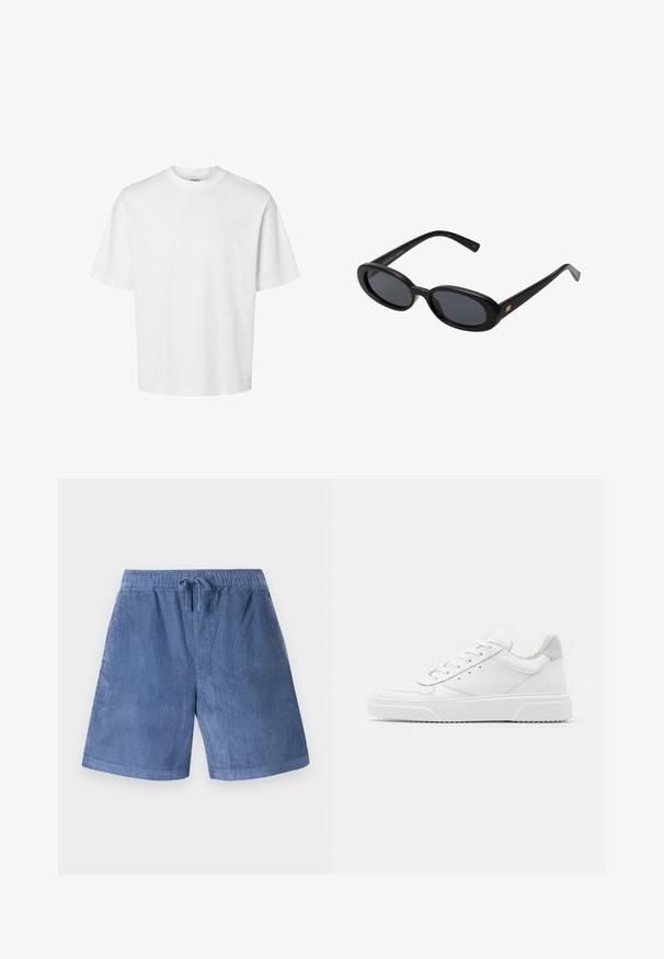 Valkoinen puuvillapaita lyhyillä hihoilla, pyöreällä kaula-aukolta ja rentoa istuvuutta. Sujuva pinta ilman näkyviä kuvioita tai korostuksia.; Siniset corduroy-shortsit, joissa on joustava vyötärö ja naru. Ominaisuuksiin kuuluu pystysuuntainen ribbitekstuuri ja suora lahkeensuu.; Valkoiset nahkakengät, joissa on sileä pinta, pyöreä kärki, litteät nauhat ja teksturoitu pohja. Harmaa mokkanahka korostaa kantapäätä.; Mustat ylisuuruiset aurinkolasit, jotka ovat soikeat linssit, sileä muovikehys ja kultaiset korostukset temppeleissä. Tummat linssit tarjoavat suojaa auringolta.