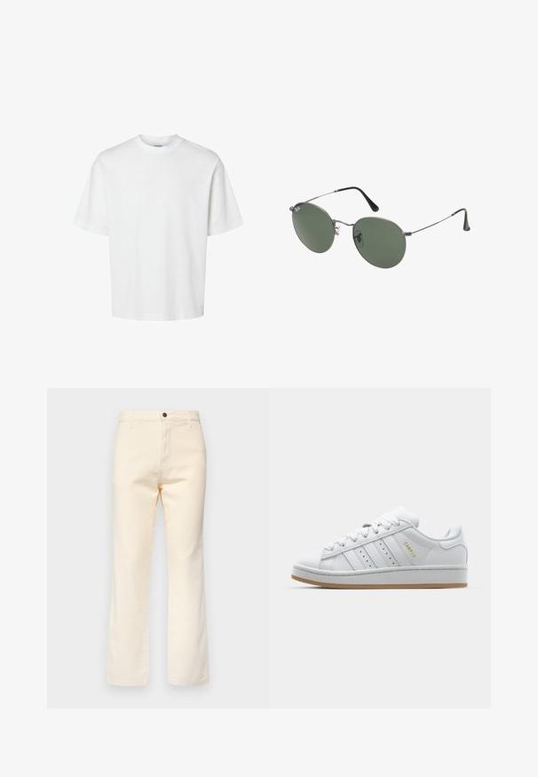 T-shirt bianco in cotone con maniche corte, scollo rotondo e vestibilità rilassata. Texture liscia senza pattern o dettagli visibili.; Jeans in cotone color crema con design a gamba dritta, dotati di chiusura frontale con bottone e stile classico a cinque tasche.; Sneaker bianca con design a tre strisce perforate, dettagli testurizzati, suola in gomma e logo "CAMPUS" in oro sul lato.; Occhiali da sole con montatura in metallo e lenti verdi ovali. Montatura sottile in metallo argento e terminali neri. Design minimalista, senza loghi visibili.