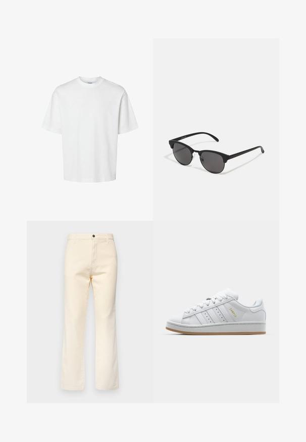 Weißes Baumwoll-T-Shirt mit kurzen Ärmeln, Rundhalsausschnitt und lässigem Schnitt. Glatte Textur ohne sichtbare Muster oder Akzente.; Cremfarbene Baumwolljeans mit geradem Bein, ausgestattet mit einem vorderen Knopfverschluss und klassischem Fünf-Taschen-Styling.; Weiße Sneaker mit durchbrochenem Drei-Streifen-Design, strukturierten Akzenten, einer Gummisohle und dem goldenen "CAMPUS"-Logo an der Seite.; Schwarze Sonnenbrille mit runden Gläsern, matter Oberfläche und markanter Cat-Eye-Form. Schlanke Bügel mit dezenter Markenkennzeichnung am linken Schläfenstück.