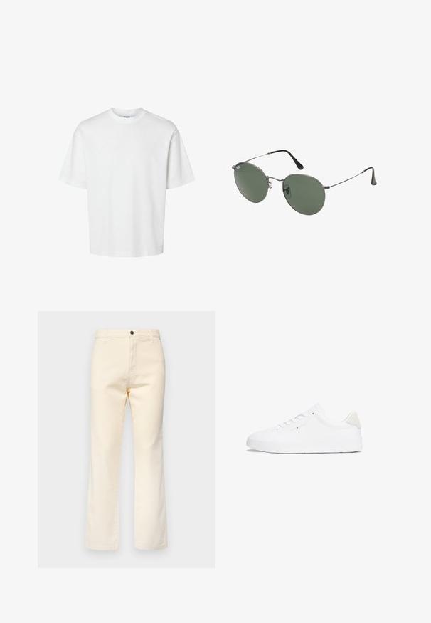 T-shirt en coton blanc à manches courtes, col rond et coupe décontractée. Texture lisse sans motifs ou accents visibles.; Jeans en coton couleur crème avec une coupe droite, dotés d'une fermeture à bouton à l'avant et d'un style à cinq poches standard.; Baskets blanches avec une tige en cuir lisse, bout arrondi, semelle plate et design minimaliste. Présente un branding discret et un accent beige au talon.; Lunettes de soleil en métal avec des verres ovales verts. Monture en métal argenté mince et embouts d'oreille noirs. Design minimaliste, sans logos visibles.